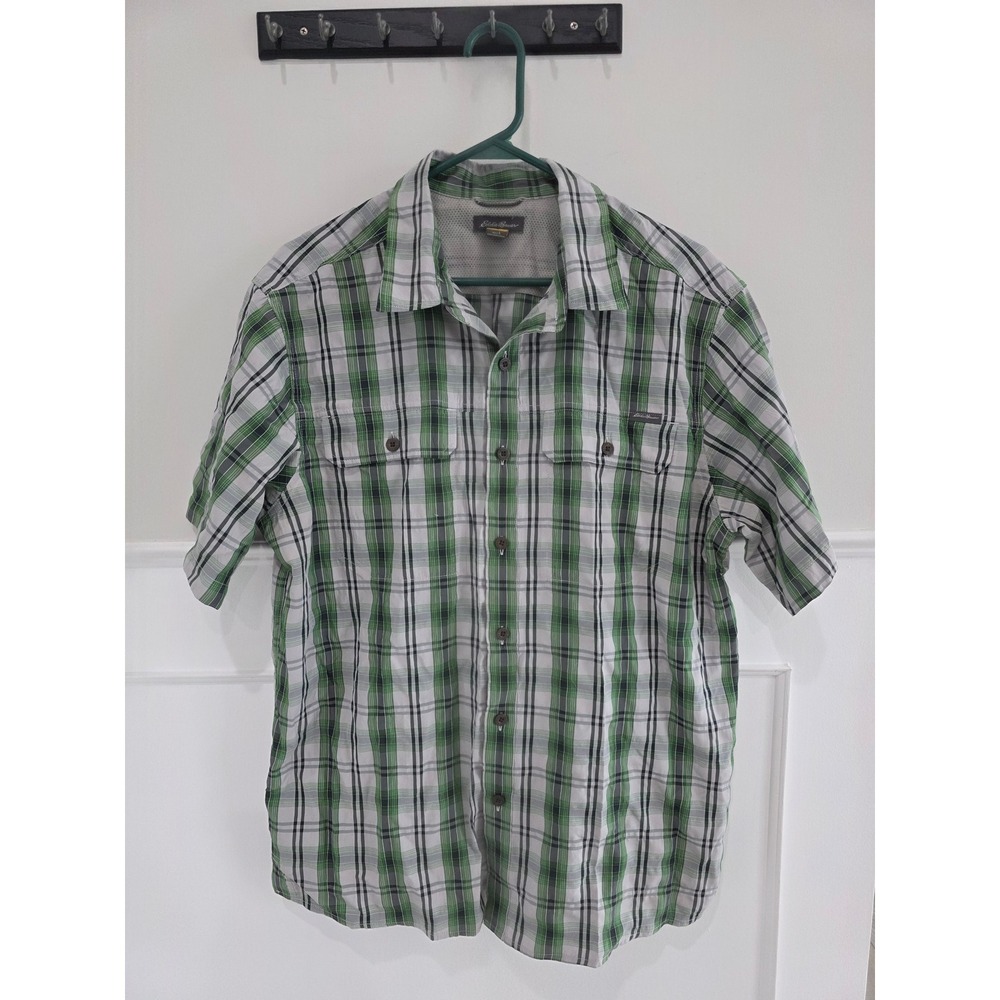 Eddie Bauer‎ Mens Plaid Short Sleeve Button Up Shirt Green Black White Size L